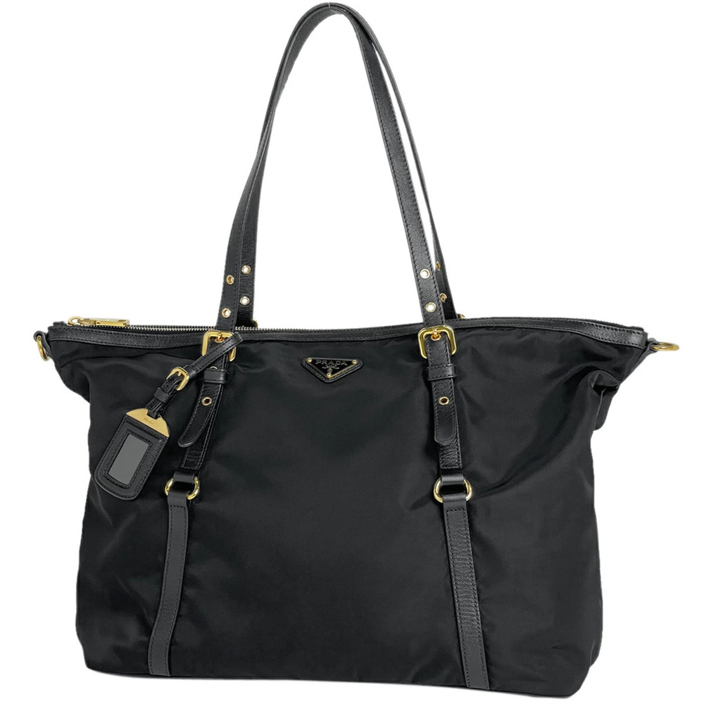 Prada Logo Plate Tote Bag Shoulder Black